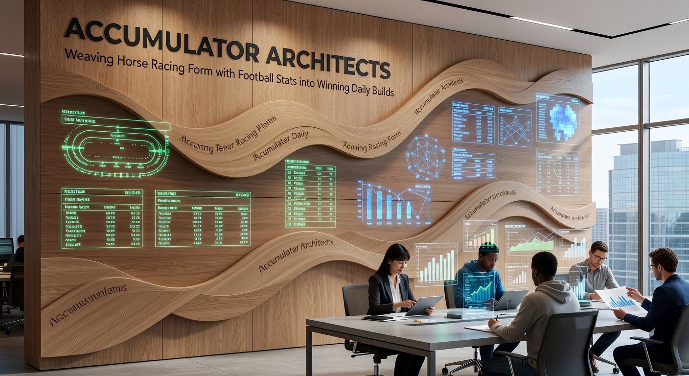 A dynamic digital dashboard displaying interwoven charts of horse racing form lines and football match statistics, highlighting accumulator bet builds in real-time