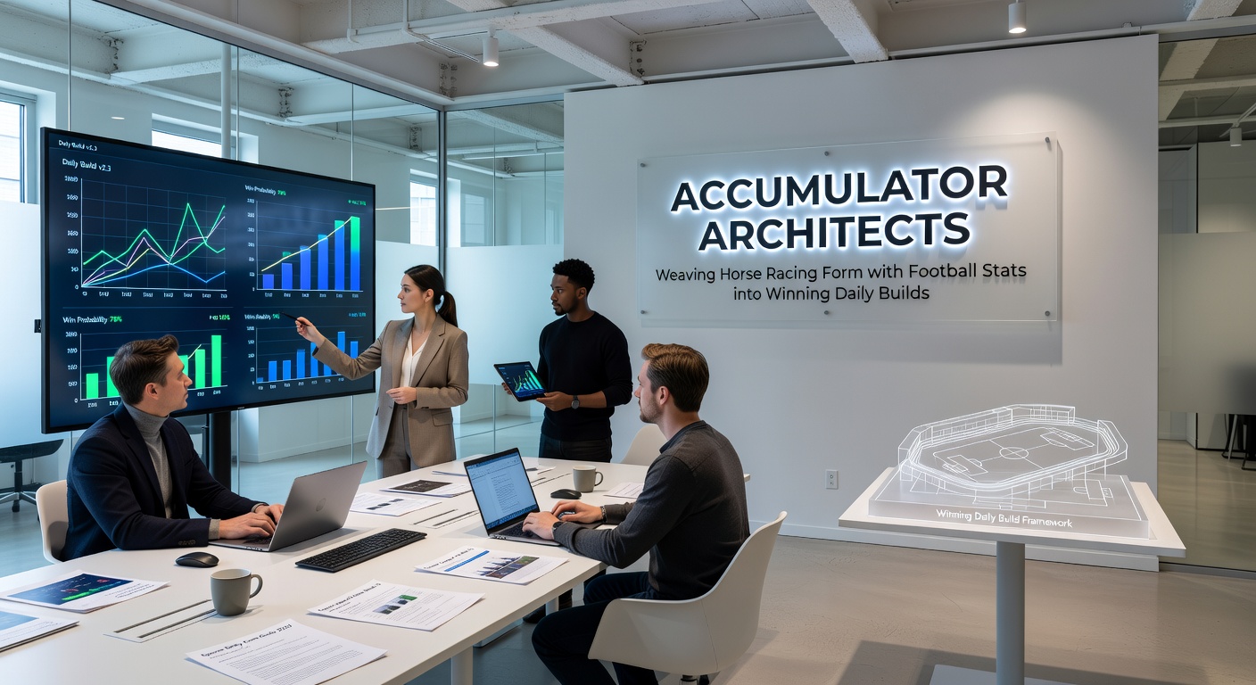 Close-up of a punter's notebook sketching accumulator legs, with horse racing form cards pinned beside football stat printouts and odds calculators
