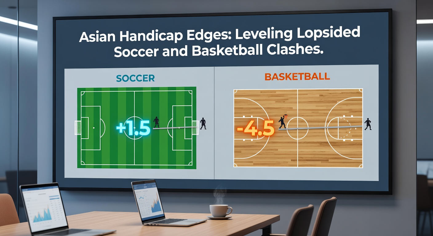 Basketball court scene with overlaid Asian Handicap betting lines showing adjusted spreads for a heavy favorite versus underdog