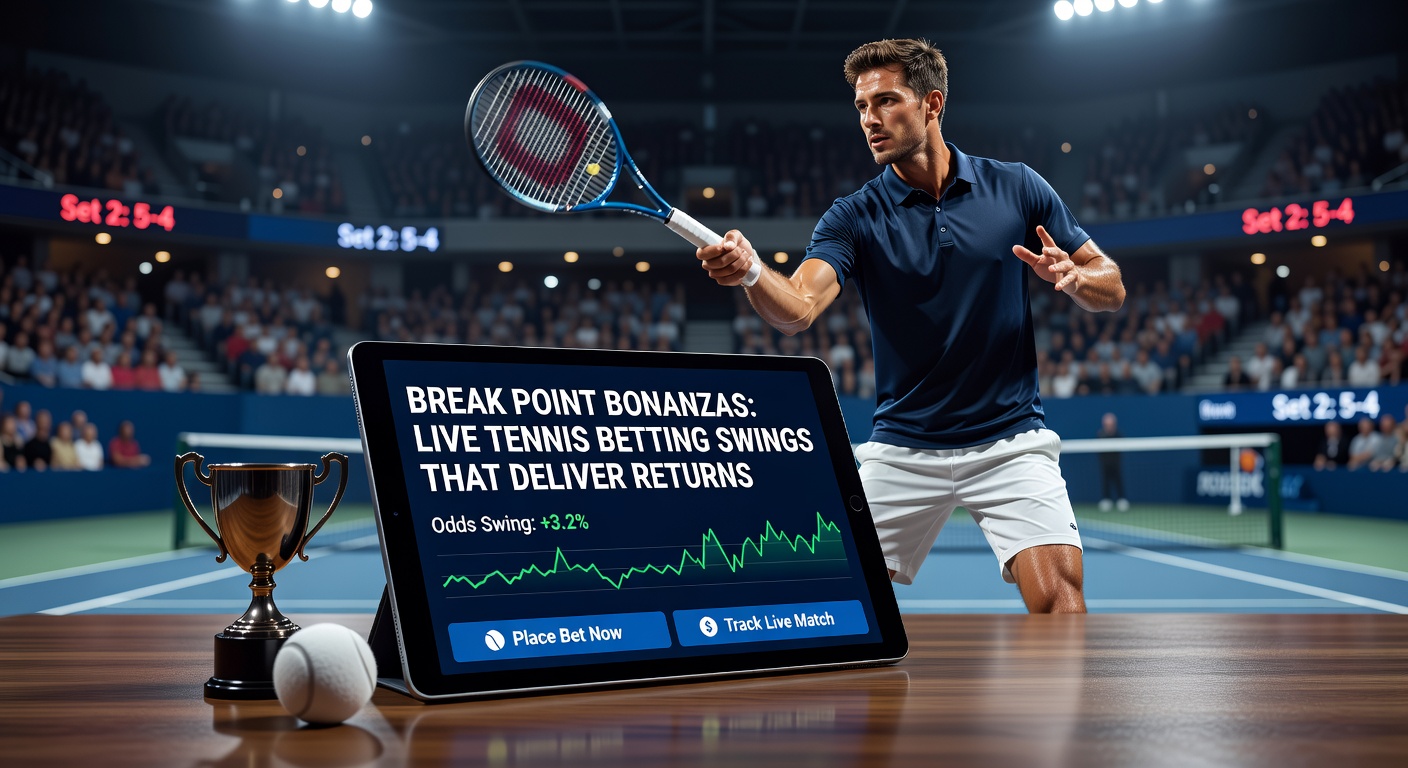 Dynamic tennis match with a player facing a break point, odds fluctuating on a live betting interface