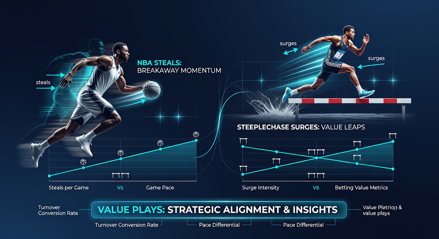 Steeplechase horse surging past competitors in a rain-soaked race, hurdles flying, with an overlaid NBA steal graphic emphasizing parallel breakout energy