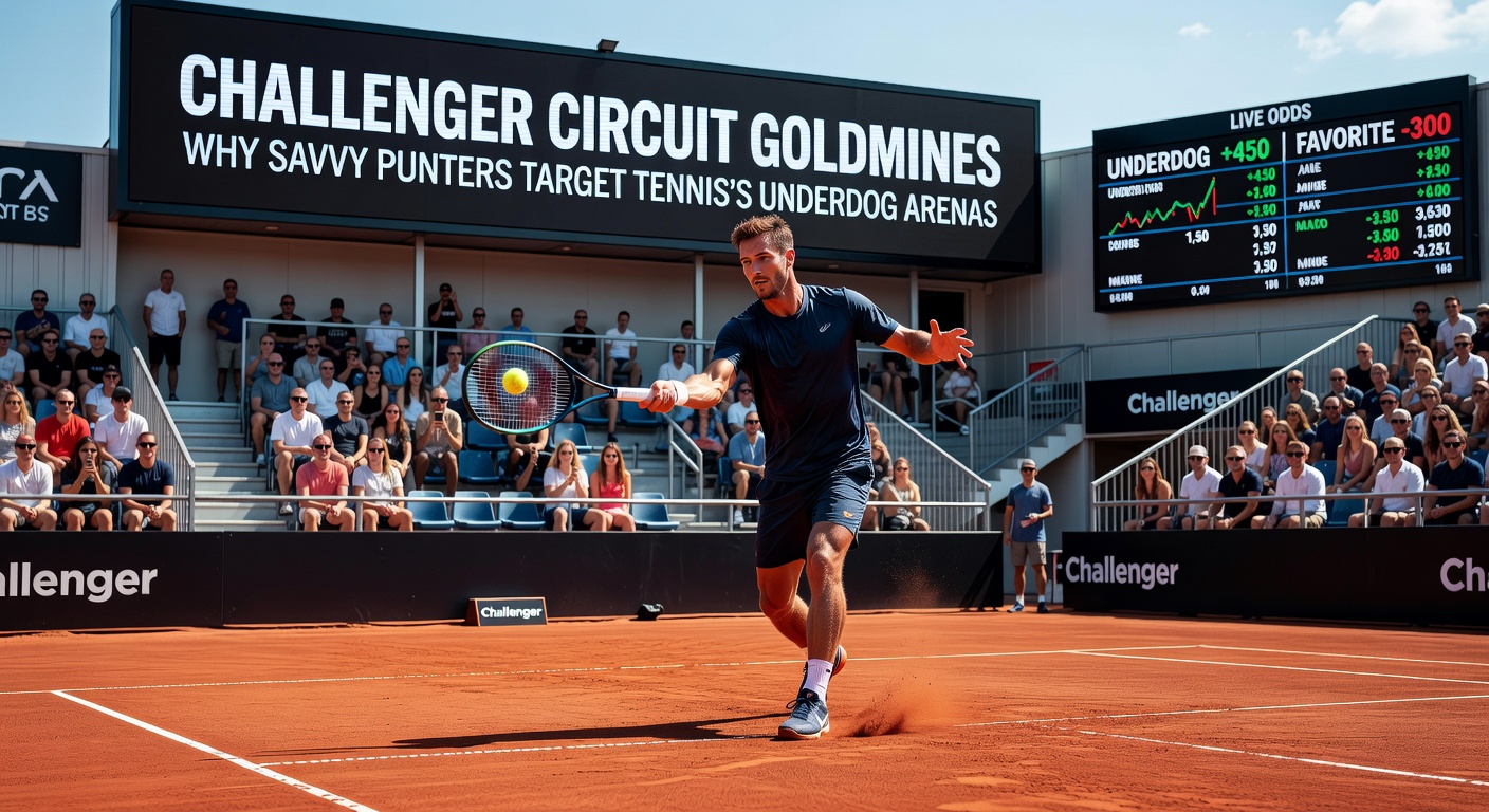 Close-up of a tense Challenger match point, with a punter analyzing stats on a laptop nearby