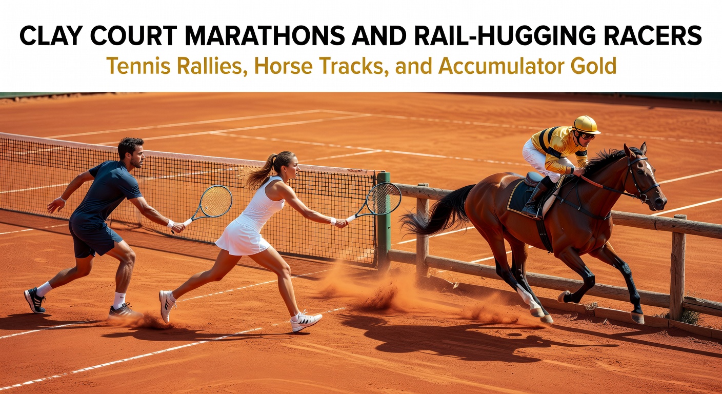 A intense clay court tennis rally with players locked in a long baseline exchange under sunny skies, mirroring the endurance theme in accumulator strategies