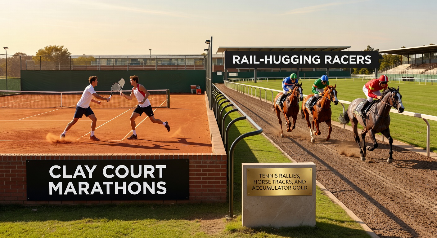 A horse racing tightly along the rail during a tight turn on a turf track, with jockey urging it forward, highlighting the ground-saving advantage key to accumulator success