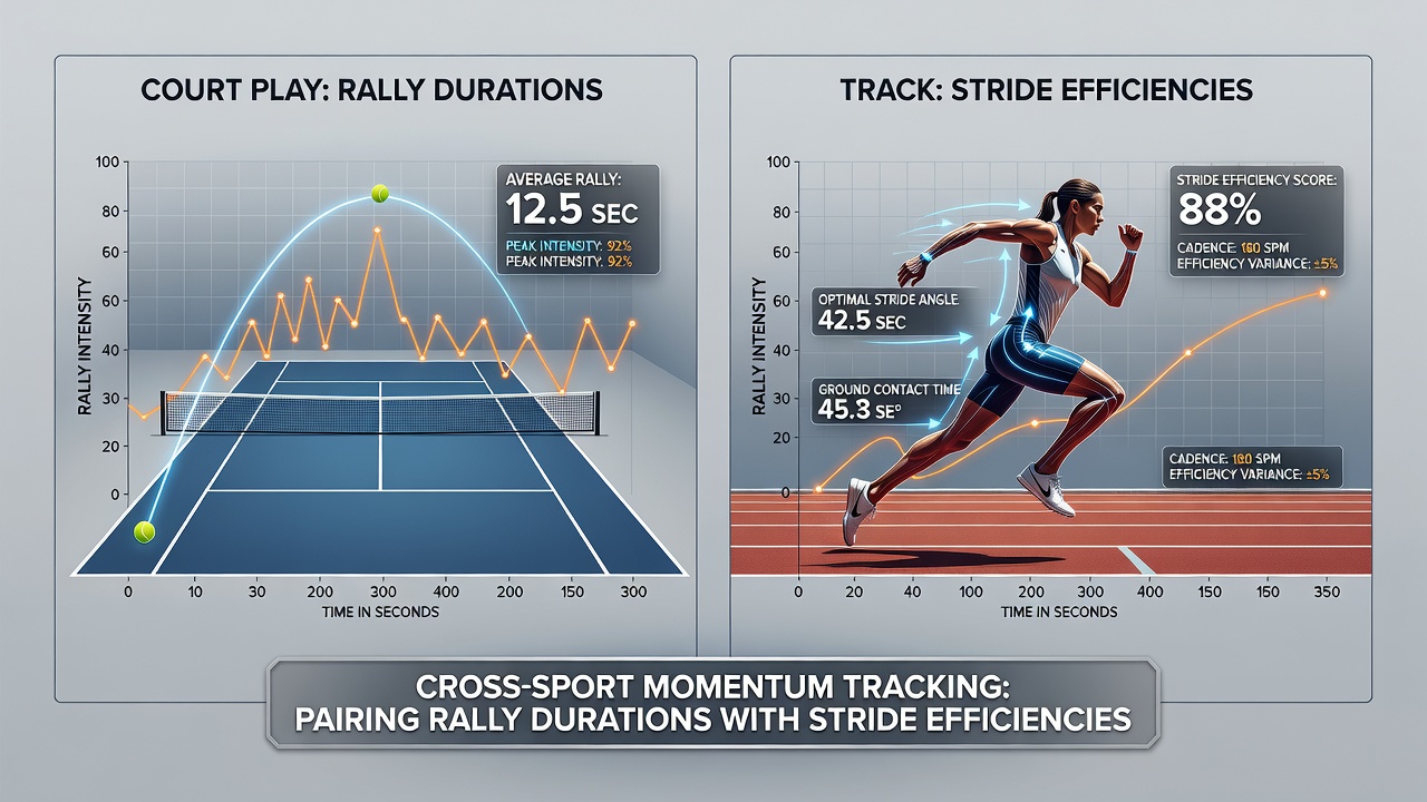 Infographic showing layered accumulator structure with tennis rally metrics connected to horse stride efficiency indicators