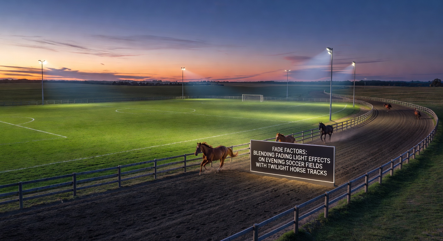 Twilight horse race at a floodlit track, horses charging through lengthening shadows as the field bunches in the stretch