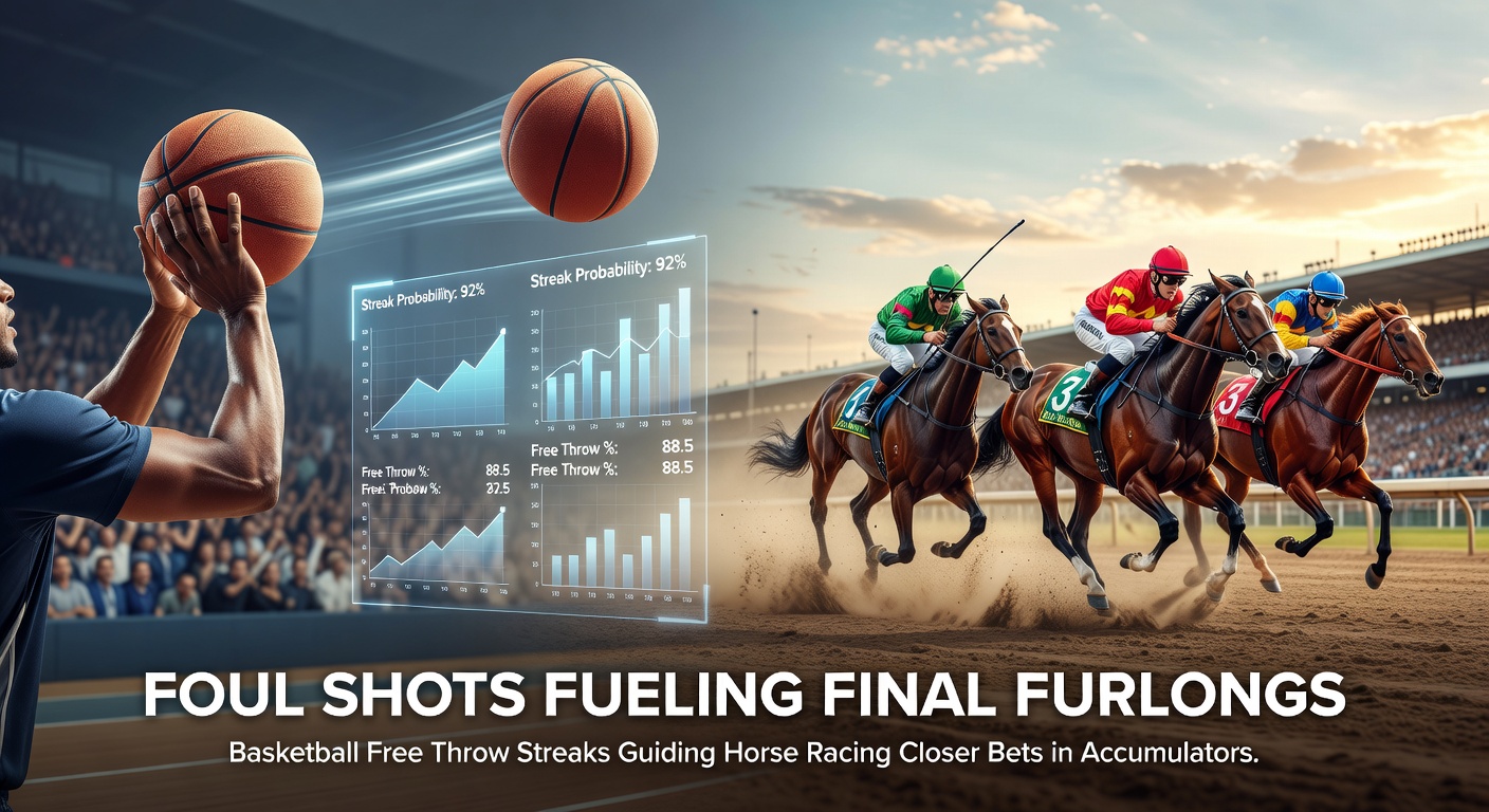 A basketball player sinks a free throw under bright arena lights while in the background a horse surges forward in the final stretch of a race, symbolizing momentum crossover in betting strategies