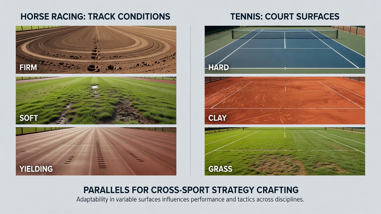 Cross-discipline accumulator examples linking equine track states with tennis court variations