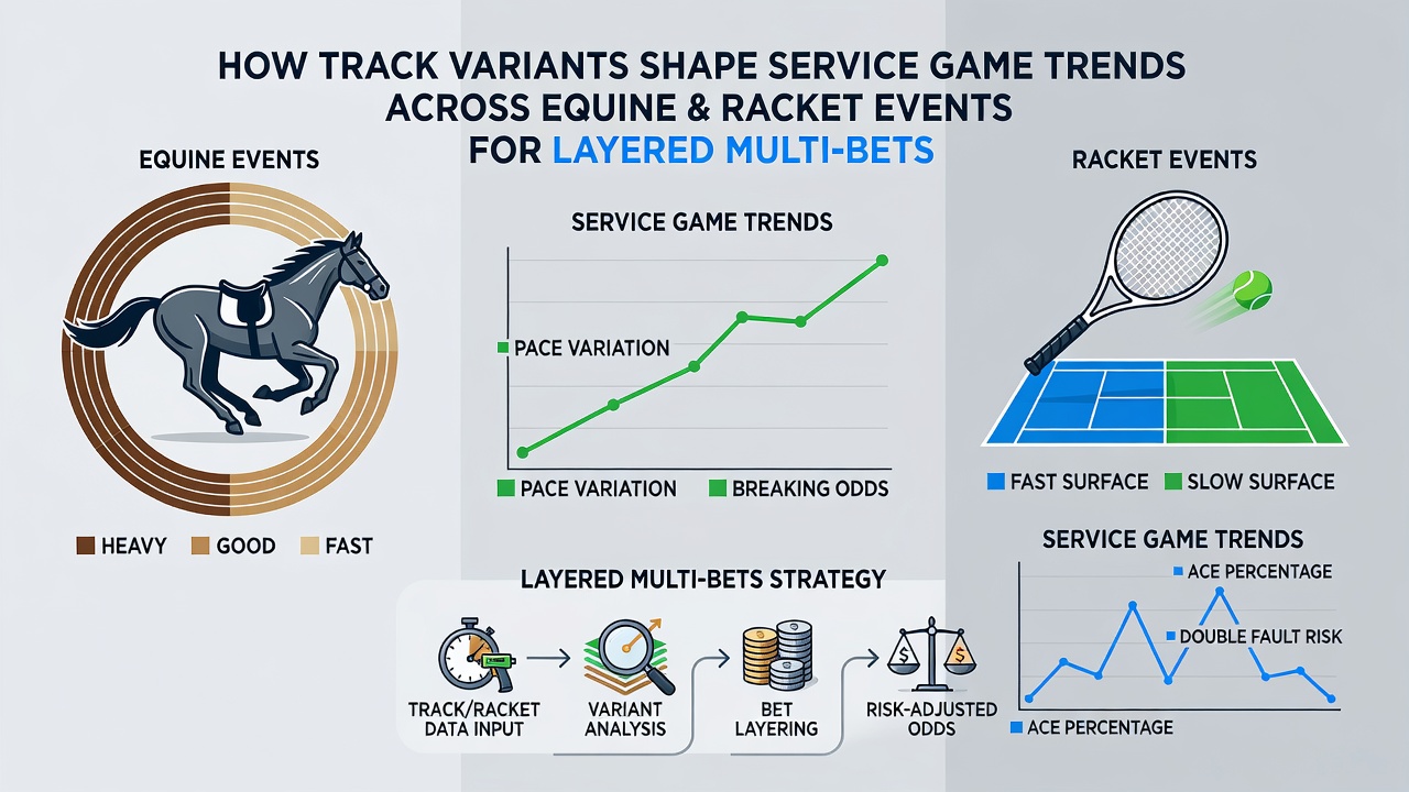 Tennis player serving on different court surfaces with performance charts overlaid