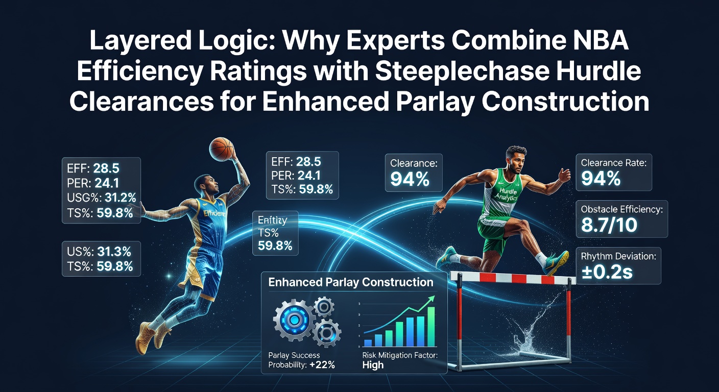 Infographic showing NBA player efficiency ratings overlaid with steeplechase hurdle clearance data points for parlay analysis