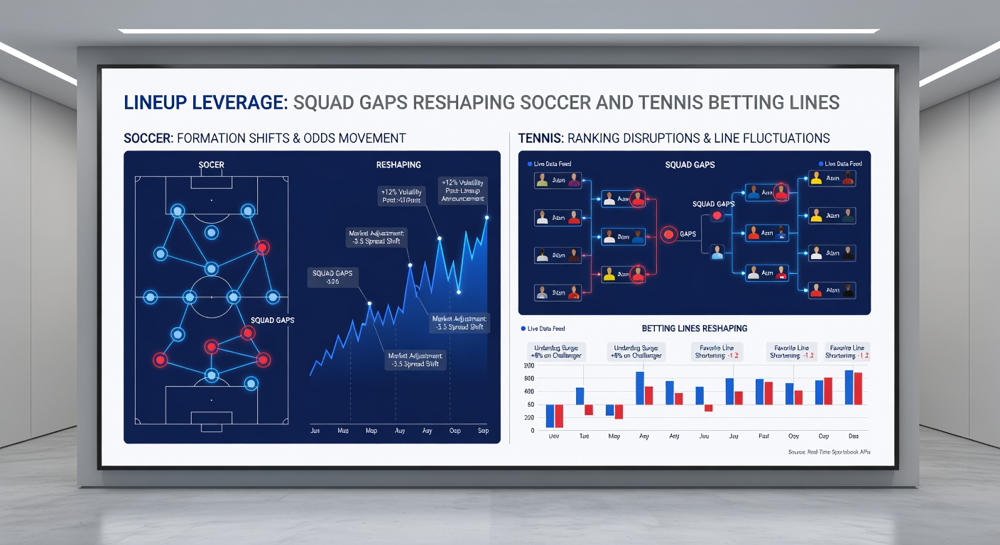 Tennis player serving with lineup announcement graphic and shifting betting odds