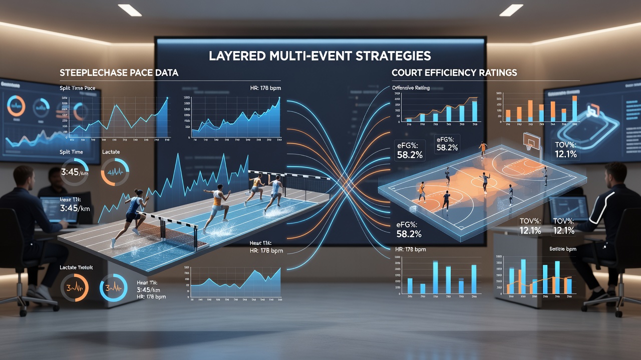 Data dashboard showing steeplechase pace charts next to tennis efficiency graphs used in accumulator planning