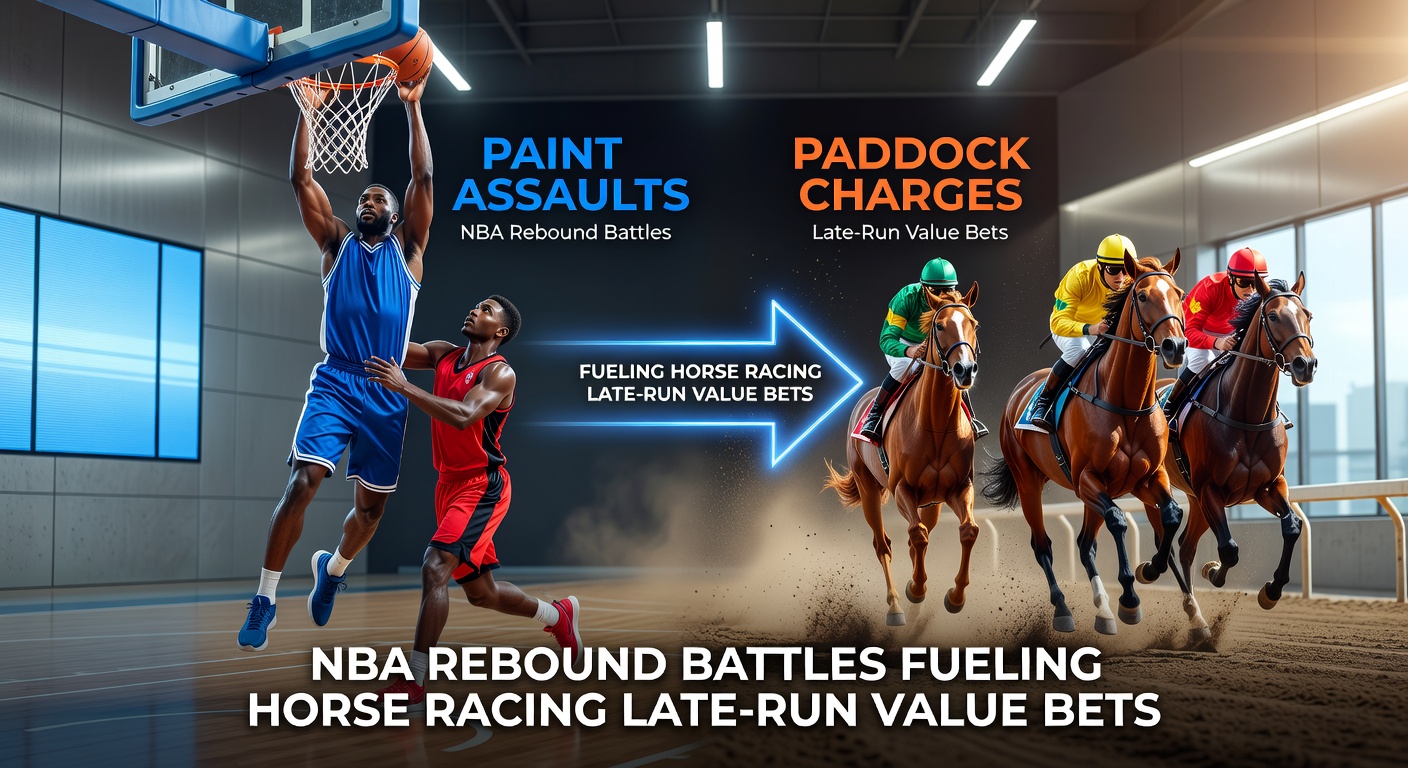 A powerful horse charging from the rear in the final stretch of a horse race, overtaking leaders in a dramatic late-run finish