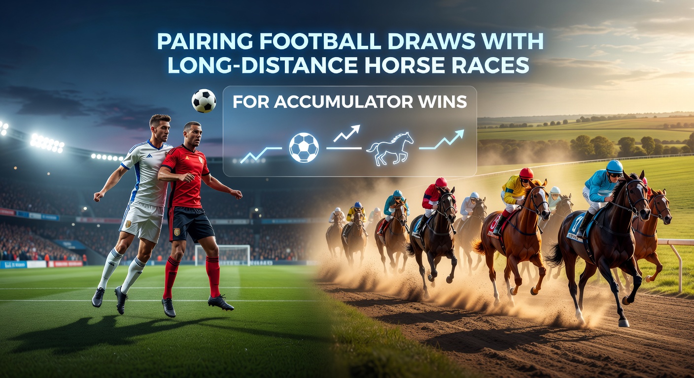 A split-image showing a tense soccer match ending in a draw alongside a horse powering through the final stretch of a long-distance race, highlighting the synergy in betting accumulators