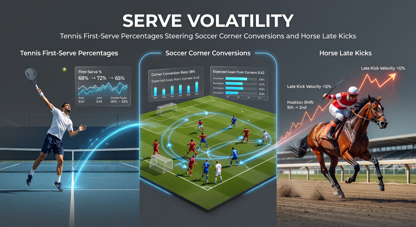 Tennis player serving intensely during a match, with soccer players crowding a corner kick and a horse surging late in a race overlaid for comparison
