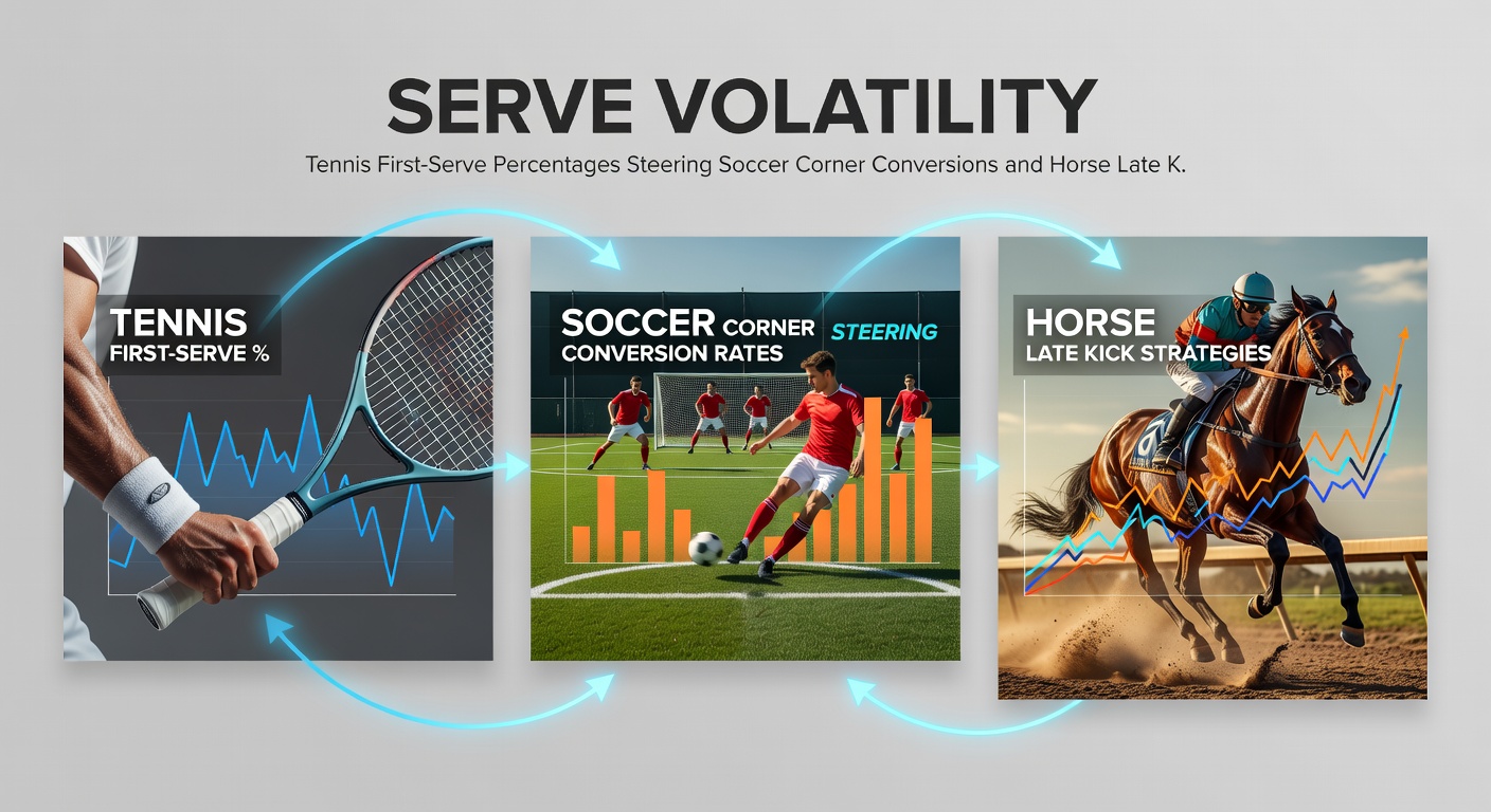 Soccer team executing a corner kick strategy, contrasted with a tennis serve and a horse kicking late in the stretch