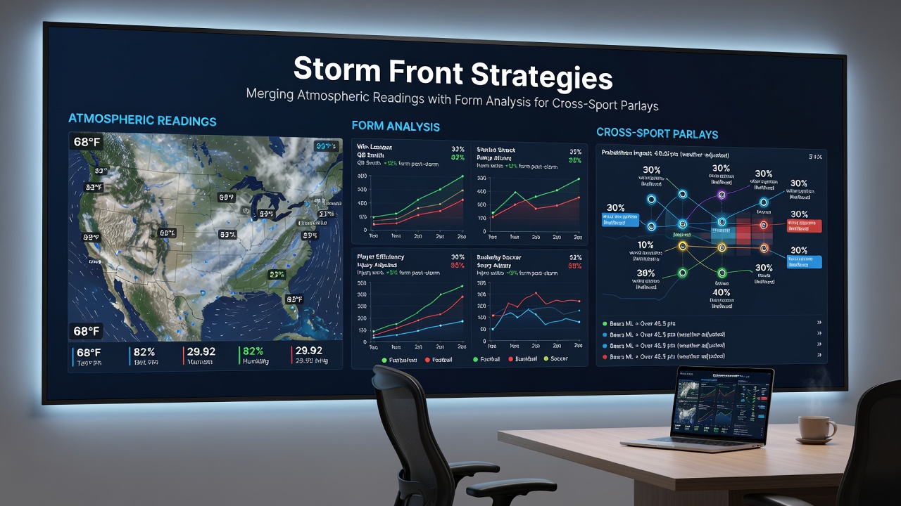 Data visualization screen displaying merged weather forecasts and sports form statistics for parlay planning