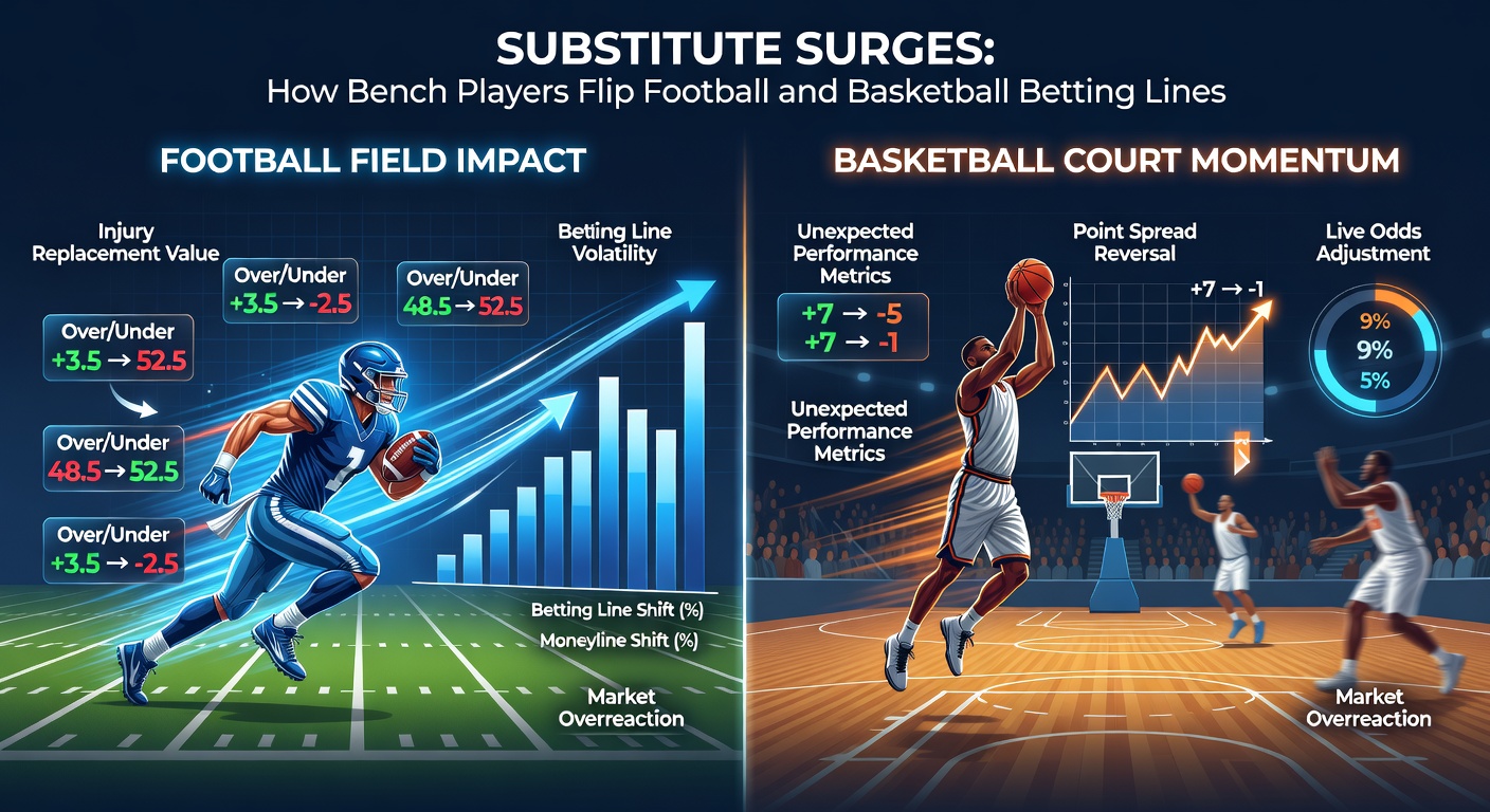 Basketball bench players erupt in a scoring run, refs checking the clock as odds boards update furiously in the arena