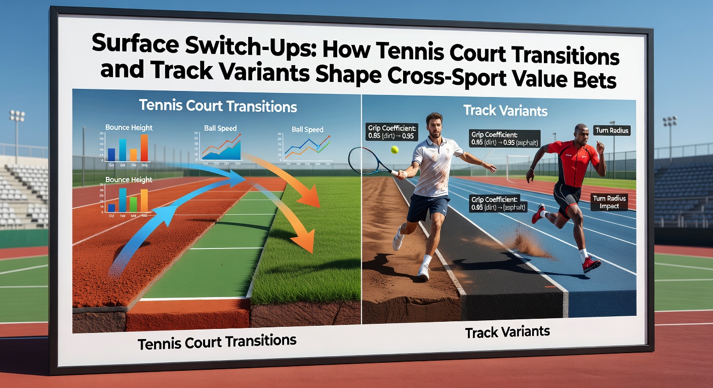 Tennis player sliding on clay court next to a horse galloping on a turf track under varying weather conditions, illustrating surface adaptations in sports betting