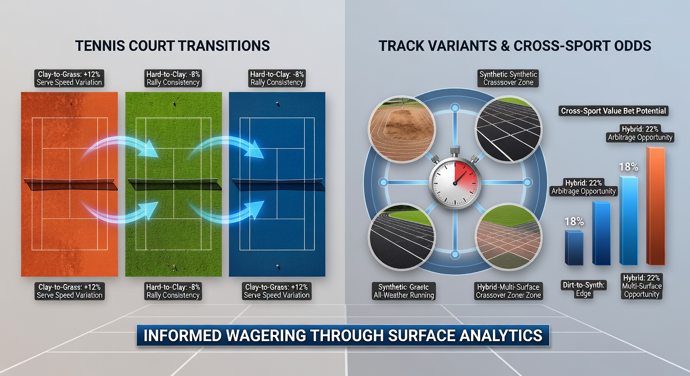 Close-up of a horse's hooves kicking up mud on a soft track alongside a tennis ball bouncing low on clay, highlighting performance variances across surfaces