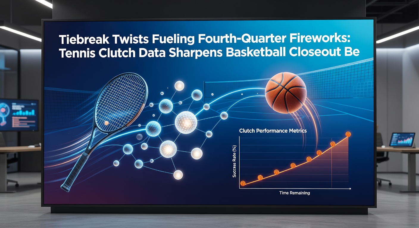 NBA players in a tight fourth-quarter huddle, overlaid with tennis tiebreak scoreline graphics highlighting clutch parallels