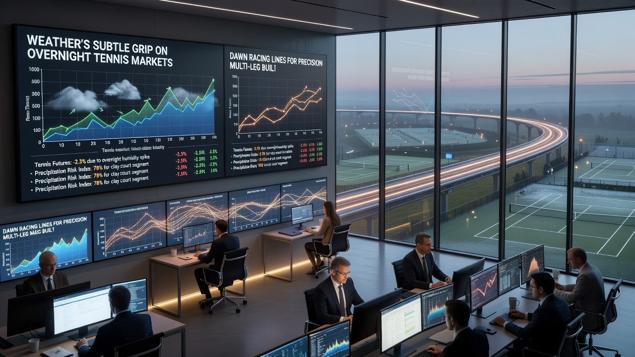 Horse racing track at dawn with weather data overlays and betting lines
